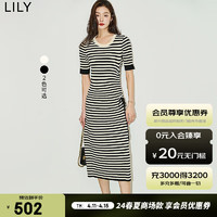 LILY2024夏女装别致抽绳气质通勤复古修身长款短袖针织连衣裙 604米白 S