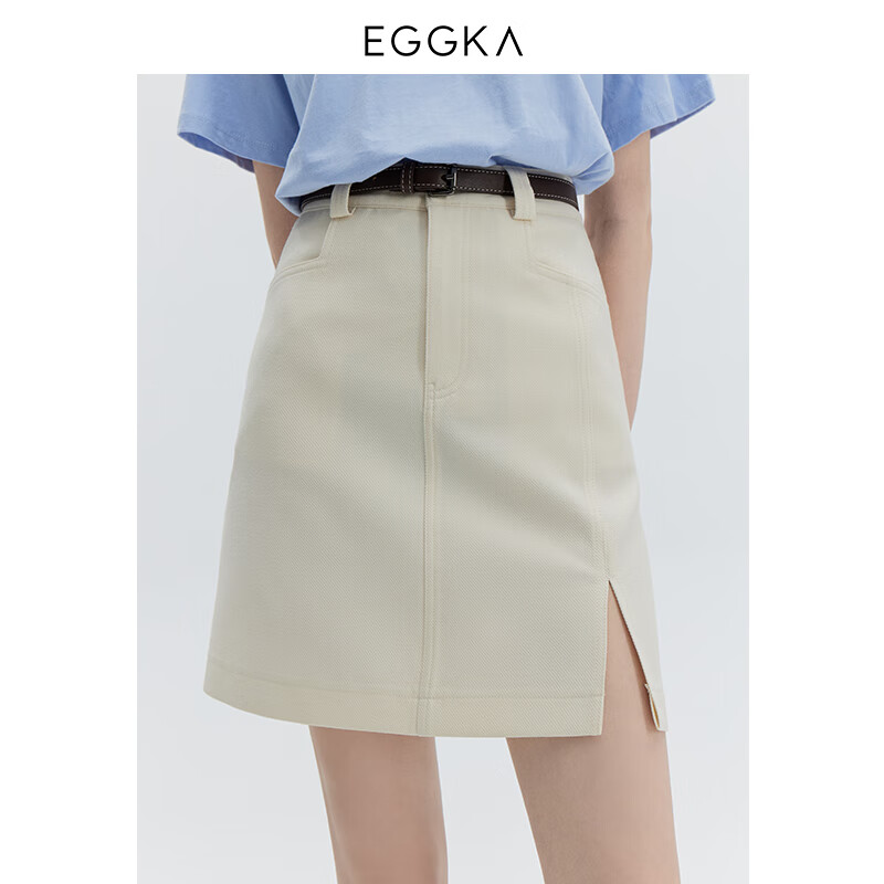 EGGKA 侧开叉高腰半身短裙女春夏韩版时髦流行简约设计a字包臀裙 黑色 S