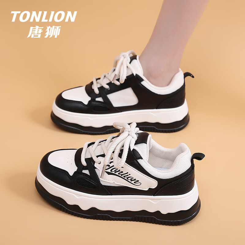 唐狮（TonLion）女鞋子女春夏季厚底板鞋女士百搭休闲小白鞋女熊猫面包鞋 白黑36 36码