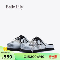 Bella Lily2024春季蝴蝶结半包拖鞋女水钻单鞋外穿做旧脏脏鞋 灰蓝 38