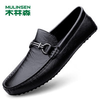 木林森（MULINSEN）男鞋牛皮时尚休闲鞋懒人套脚豆豆鞋 42码 黑色 M8829