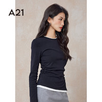 A21 女装针织修身圆领长袖T恤春秋季假两件设计感不对称打底上衣女