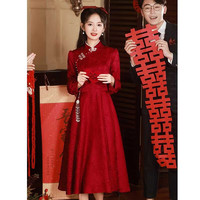 塞德勒长袖旗袍敬酒服新娘秋冬季红色新中式订婚裙结婚礼服显瘦 酒红色 XL (116-125斤) 酒红色常规款