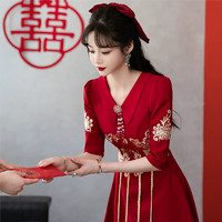 塞德勒中式敬酒服新娘酒红色结婚回门晚礼服女平时可穿显瘦 酒红色 M (96-105斤)