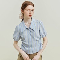 范思蓝恩 23FS12528辣妹镂空抽绳设计感条纹衬衫夏款条纹短袖上衣