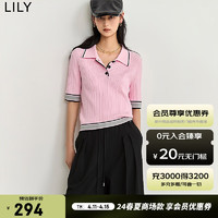 LILY2024夏女装美式复古撞色修身短款毛针织衫打底衫内搭上衣 122粉红 S