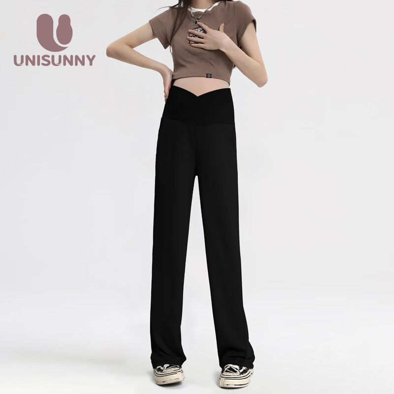 unisunny裤夏季薄款垂坠感阔腿裤铜氨丝外穿低腰直筒休闲裤装 黑色 L