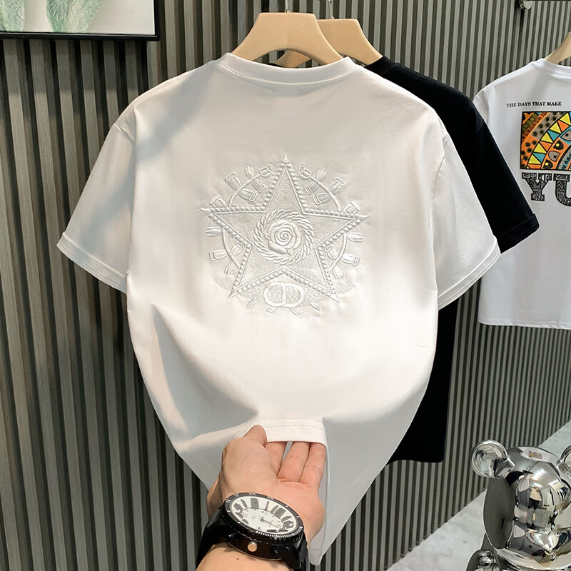 得芊逸欧货小众设计感轻奢男T恤短袖纯棉潮流美式高街男潮牌体恤土 白色 M(85-100斤内)