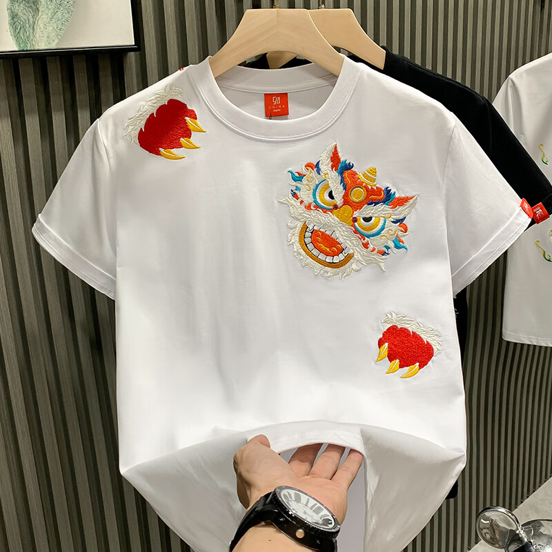 得芊逸欧洲站时尚潮牌轻奢男T恤短袖国潮醒狮刺绣高级感小众半袖男体恤 白色 M(85-100斤内)