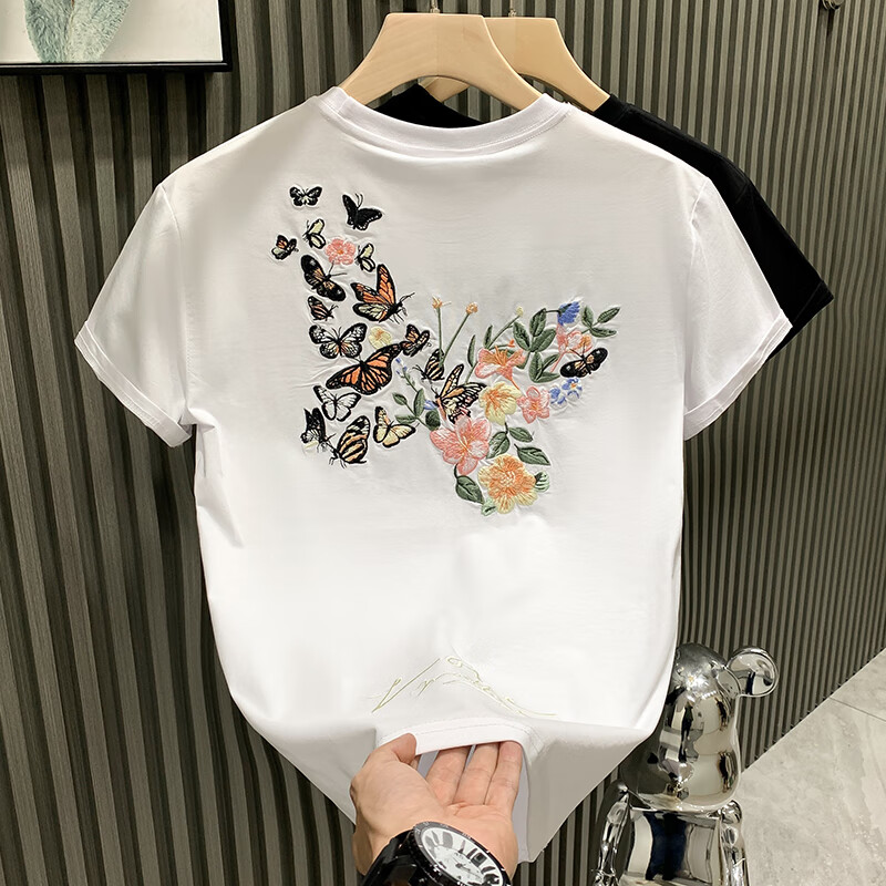 得芊逸欧货高级感小众蝴蝶刺绣短袖T恤男宽松潮流潮牌百搭半袖体恤 白色 M(85-100斤内)