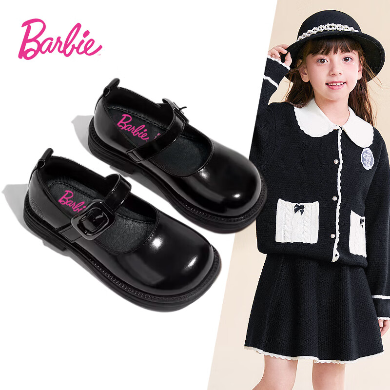 Barbie 芭比 童鞋女童黑色皮鞋春秋软底小皮鞋洋气演出鞋DA6267 黑色 35码