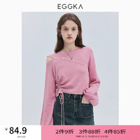 EGGKA 圆领抽绳设计感毛衣女春季不对称小众别致长袖针织上衣 粉色 L