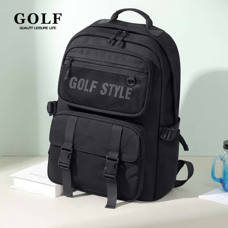高尔夫（GOLF）运动双肩包男士休闲背包男女初中高中大书包电脑包旅行背包 款式1-黑色