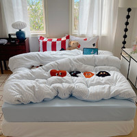 匹鲁儿童床品套件成人可水洗吸湿透气三四件套宿舍床单枕套被套 扑克牌-奶油蓝条 3件套（1.2米床）