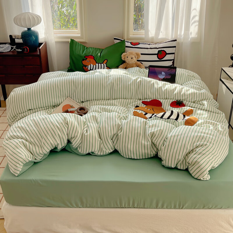 匹鲁儿童床品套件成人可水洗吸湿透气三四件套宿舍床单枕套被套 奔跑狗-果绿条 4件套（1.5/1.8米床）
