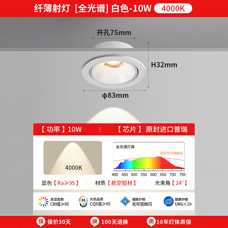 至御嵌入式超薄射灯小山丘天花灯家用窄边防眩可调角度客厅无主灯 白色-10W-4000K（开孔75mm）