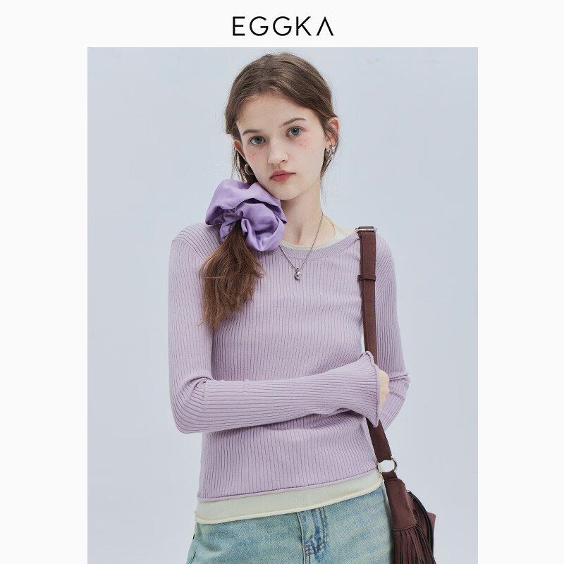 EGGKA 假两件圆领挂脖毛衣春季时尚百搭简约气质修身针织上衣 紫色 M