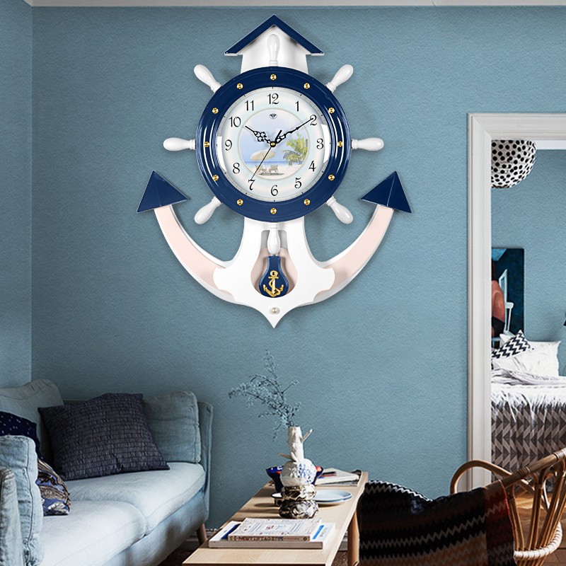 汉时（Hense）创意船舵挂钟欧式复古挂表客厅摆钟时钟办公室装饰石英钟表HP40 地中海蓝色