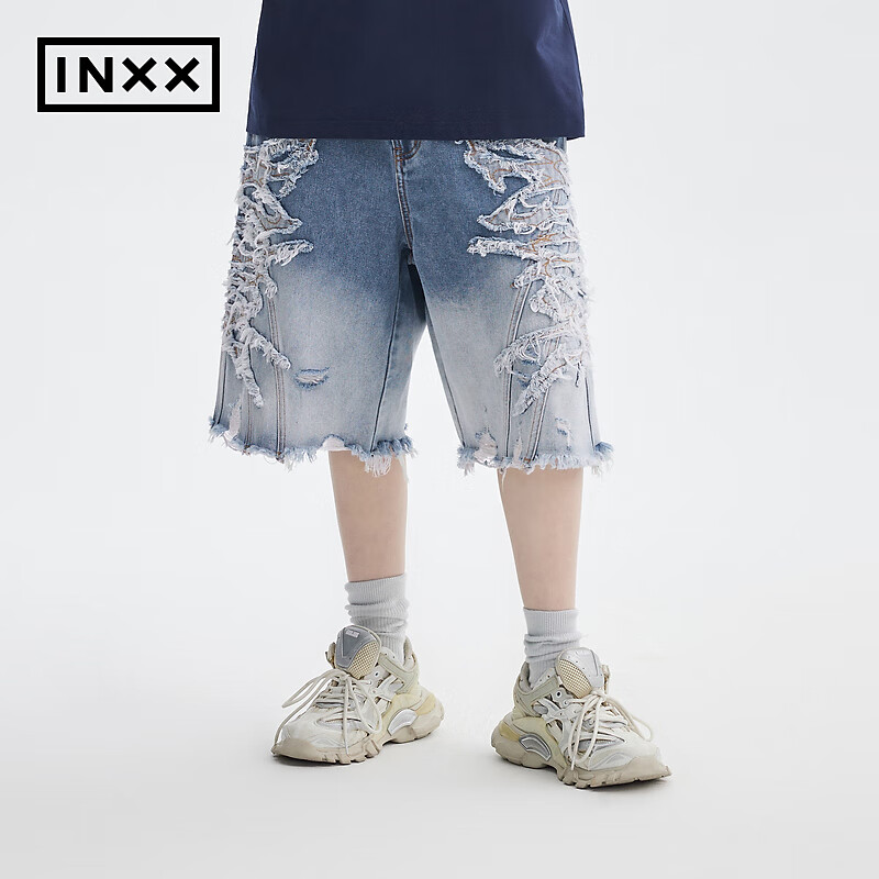 英克斯（inxx）【INXX】APYD 做旧破坏感牛仔短裤男潮牌高街渐变褪色廓形五分裤 牛仔蓝色 L