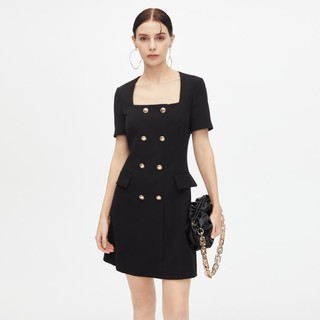 限尺码：朗姿 法式显瘦黑色设计感西装连衣裙女夏季