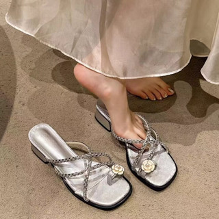 BELAMINIGA高跟凉鞋女款2024新款夏季外穿精致配裙子罗马沙滩女士法式凉拖鞋 银色 38