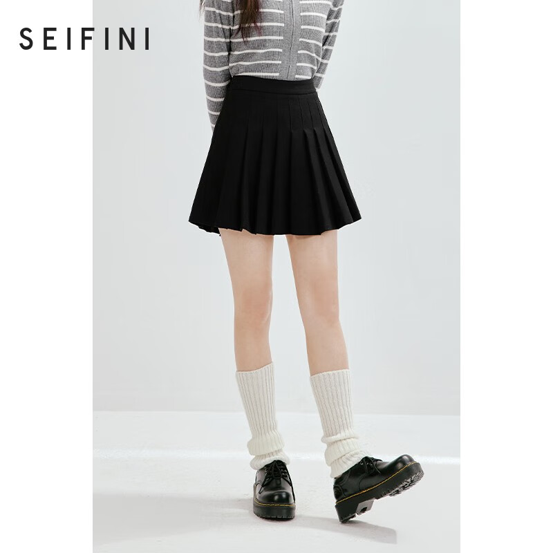 诗凡黎（'SEIFINI）同款半身裙夏jk裙子学院风短裙黑色a字百褶裙 黑色 155/60A/S