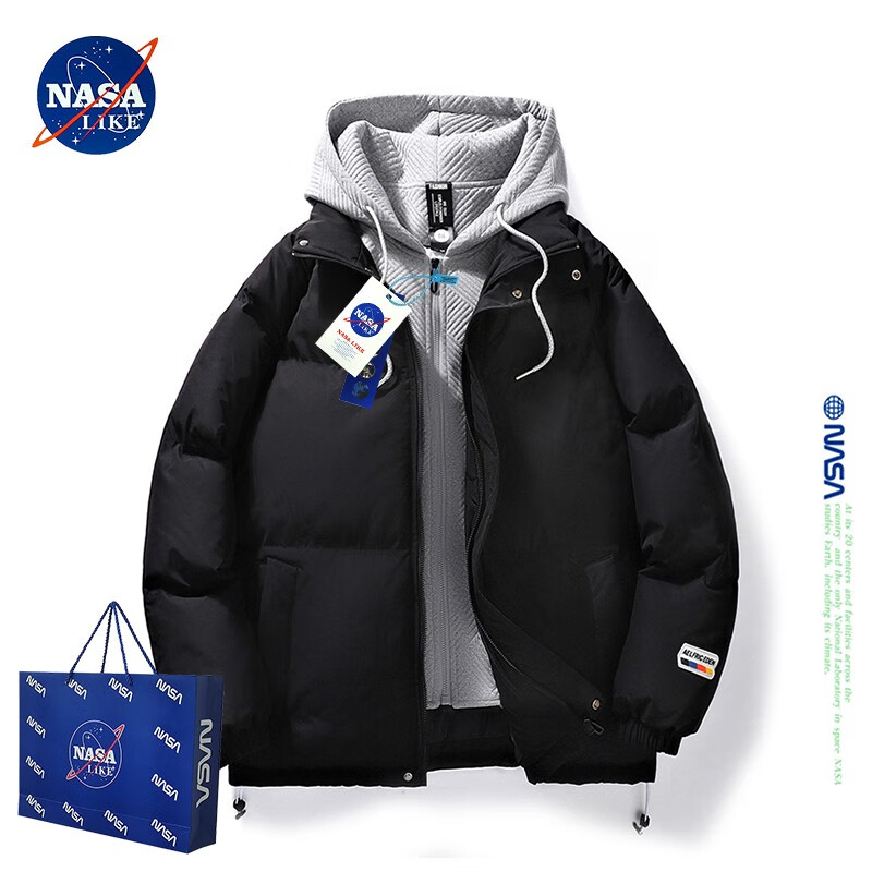 NASA LIKE潮牌棉服男冬季宽松连帽棉衣华夫格外套加厚面包服男士棉袄子 黑色 2XL  160-188斤