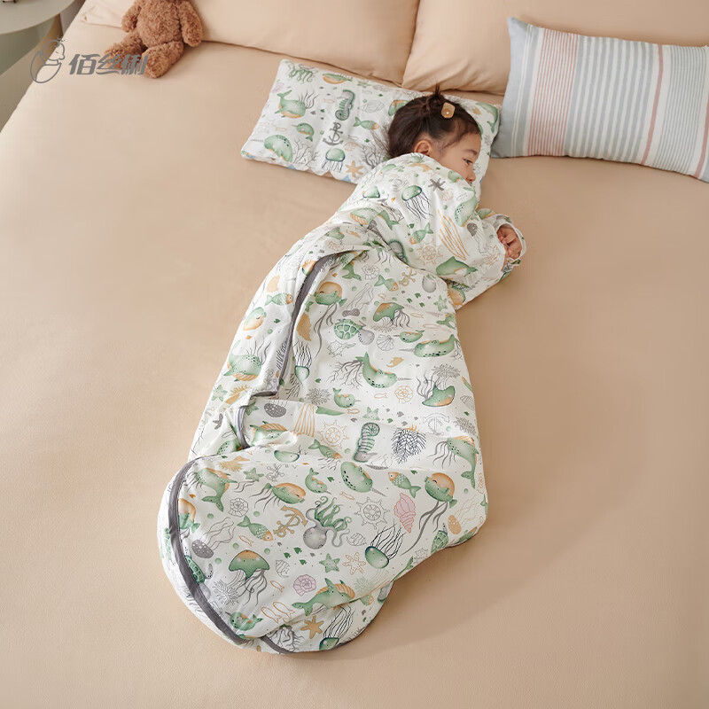 佰丝俐蚕丝婴儿睡袋儿童防踢被子春秋款中大童宝宝睡袋四季通用 深海绿 2XL/60~100身高100g蚕丝20~27℃