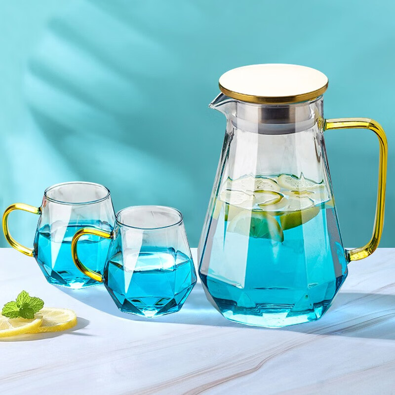 美浓烧 钻石水壶冷水壶耐热加厚大容量凉开水壶套装 钻石蓝一壶4杯礼盒装