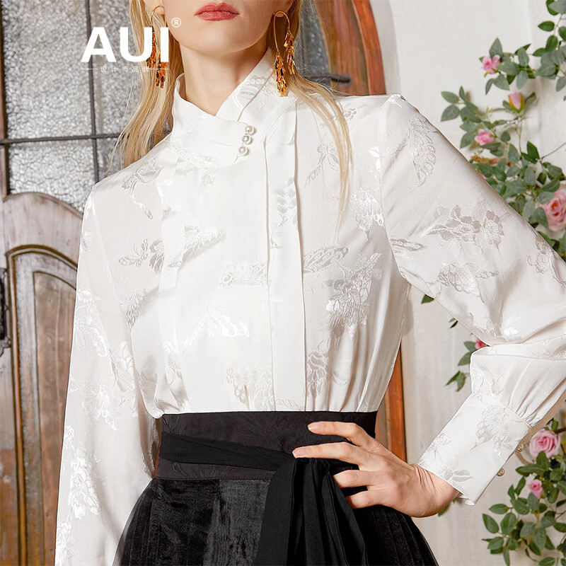 AUI新中式提花衬衫女2024年春季设计感国风衬衣小众长袖上衣 白色 S
