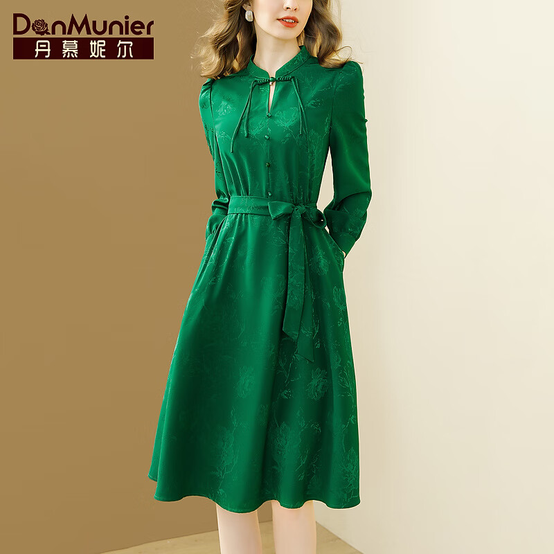 丹慕妮尔绿色高端提花新中式连衣裙女高级感春季气质国风裙子 绿色 XL