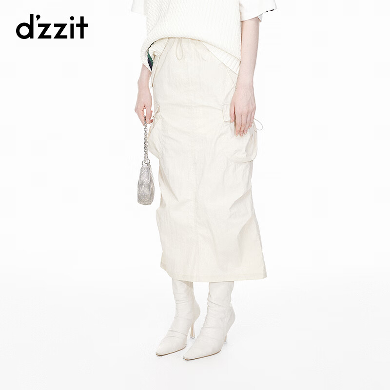 DZZIT地素运动长裙2024春季松紧抽绳腰简约时尚设计女 米白色 XS