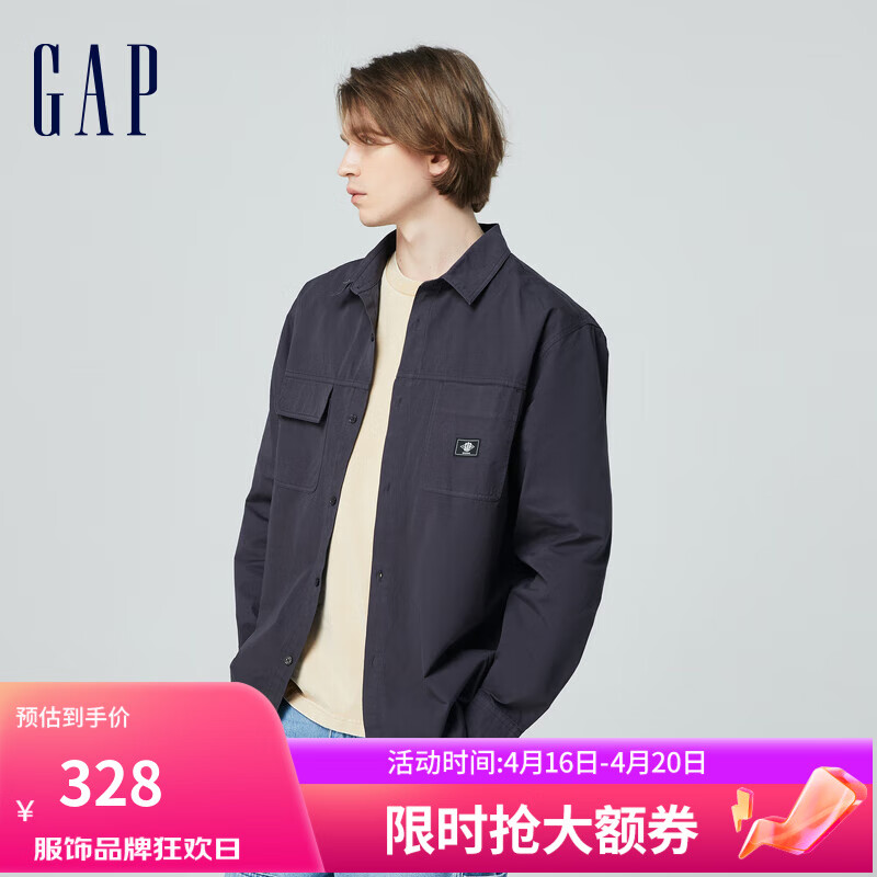 Gap男装2024春季纯棉logo口袋翻领长袖衬衫简约上衣890972 黑色 175/96A(L) 亚洲尺码