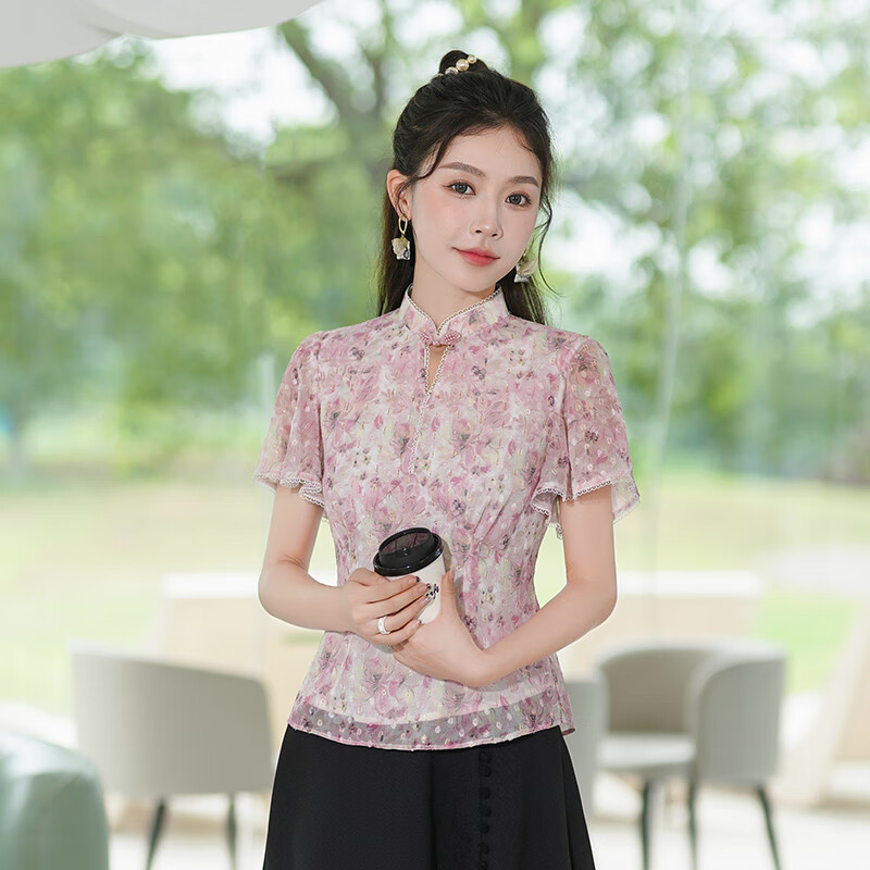 秀觀唐粉樱2024夏季优雅提花修身短款国风唐装新中式上衣 粉色 XL