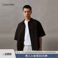 Calvin Klein Jeans24春夏男士刺绣贴袋棉亚麻混纺宽松短袖衬衫J325173 BEH-太空黑 S