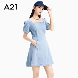 A21 女装方领牛仔裙女夏季新款收腰法式气质泡泡短袖连衣裙