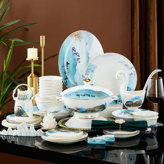 尚行知是 碗碟套装餐具整套骨瓷新中式乔迁送礼高档典雅陶瓷碗盘碗筷家用