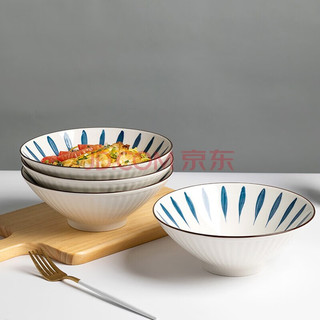 尚行知是 日式和风手绘面碗家用陶瓷家用斗碗甜品水果高脚面碗樱桃饭碗 千叶草8英寸4个装拉面碗
