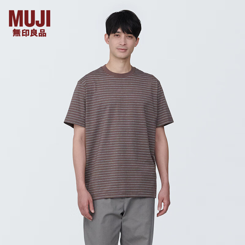 无印良品（MUJI）男式 天竺织 圆领短袖T恤 男士打底衫男款 夏季AB1MKA4S 烟熏棕色条纹 L (175/100A)