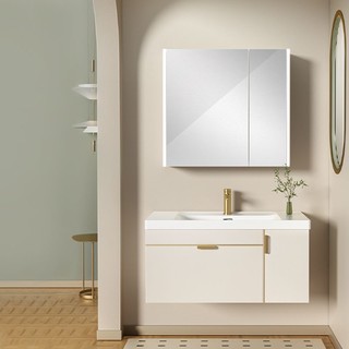 百亿补贴：HEGII 恒洁 浴室柜M88轻奢奶油风生态木智能镜柜陶瓷一体盆组合套装