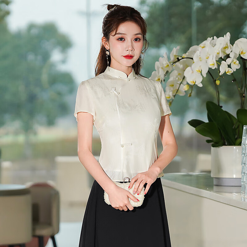 秀觀唐盈鹊2024夏季优雅软提花改良国风新中式日常唐装短上衣 白色 S