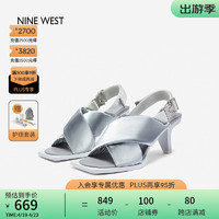 NINE WEST 玖熙 露趾凉鞋女2023夏季新款中性潮流交叉绑带回旋跟粗跟凉鞋 银色 35