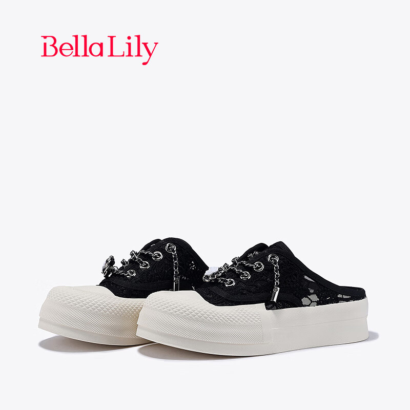 Bella Lily2024春季蕾丝半包拖鞋女外穿链条小白鞋一脚蹬板鞋 黑色 39