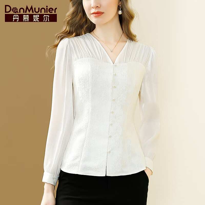 丹慕妮尔法式提花高级感白色衬衫女2024春季气质v领长袖上衣 米白色 M