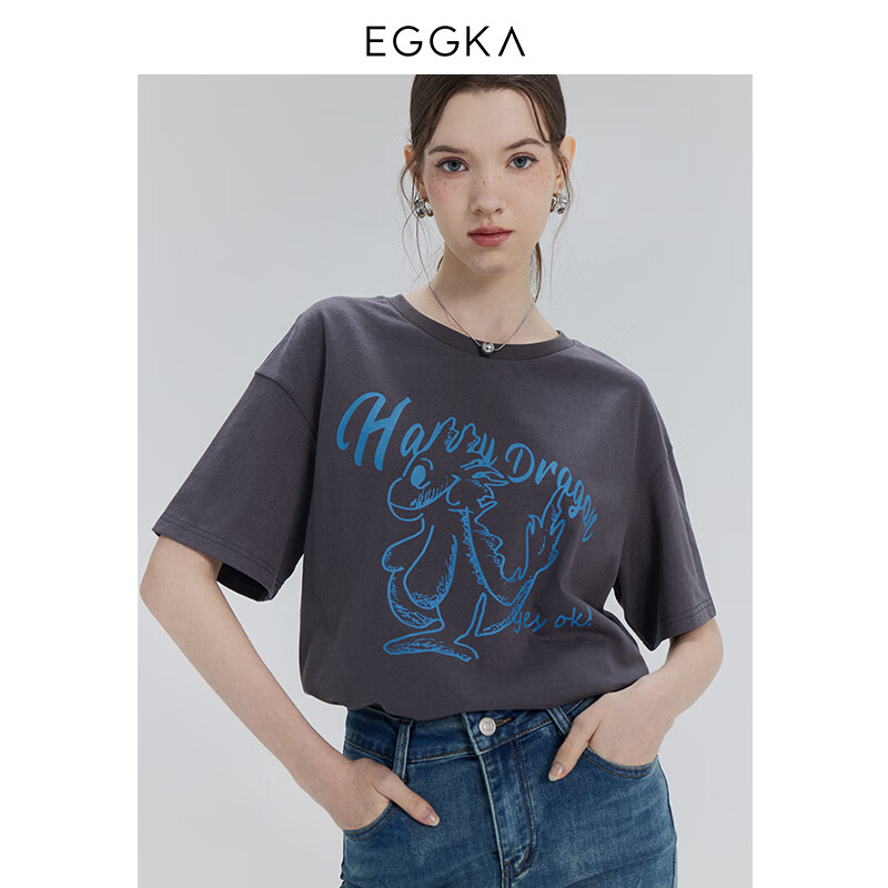 EGGKA宽松印花正肩上衣卡通休闲通勤设计感小众减龄别致女T恤 深灰色 M