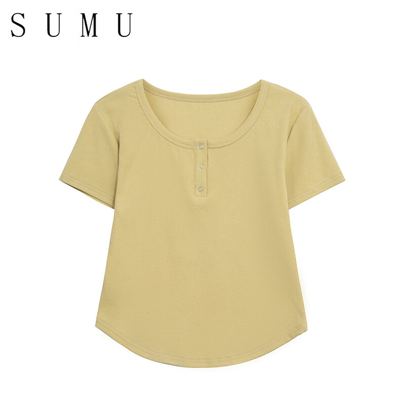 宿慕SUMU小雨女装夏季短款t恤女2024年短袖修身显瘦打底上衣19606 黄色 L（120-140斤）