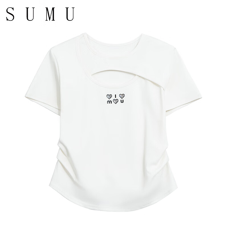 宿慕SUMU小雨女装T恤夏季2024时尚修身短袖圆领潮流设计感上衣697 白色 S（90-105斤）
