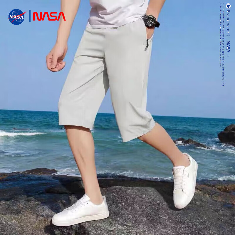 NASAOVER夏季潮牌冰丝短裤男薄款宽松直筒阔腿裤运动休闲大码五分沙滩裤子 K107浅灰单件 L（100-120斤）