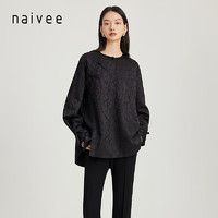 纳薇（naivee）新中式小众肌理感枯笔提花斜襟圆领落肩短上衣衬衫 黑色 160/84A/M