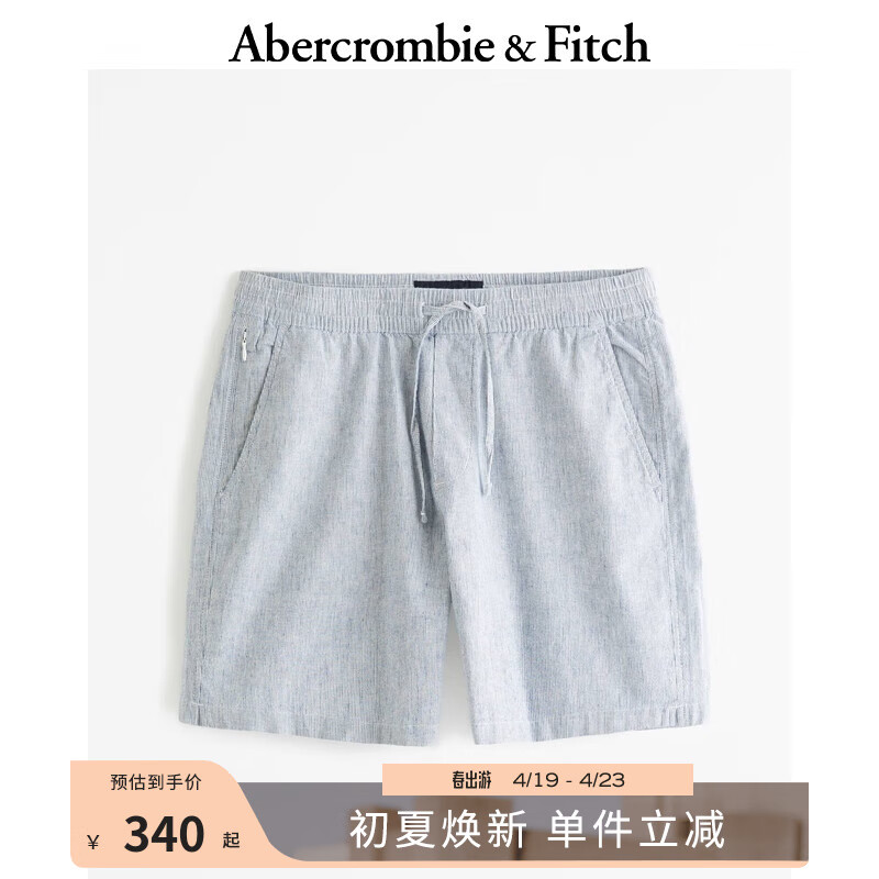 ABERCROMBIE & FITCH男装 24春夏亚麻混纺松紧腰短裤 358798-1 浅蓝色条纹 XS (170/70A)